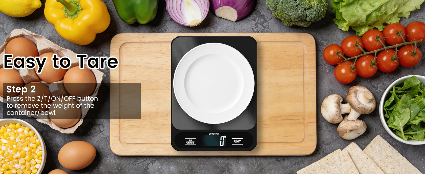 Easy to Tare Step 2:Press the Z/T/ON/OFF button to remove the weight of thecontainer/bowl.