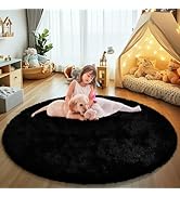 yulidayang Black Fluffy Round Area Rugs for Bedroom,4'X4'Shag Circle Area Rugs for Living Room,No...