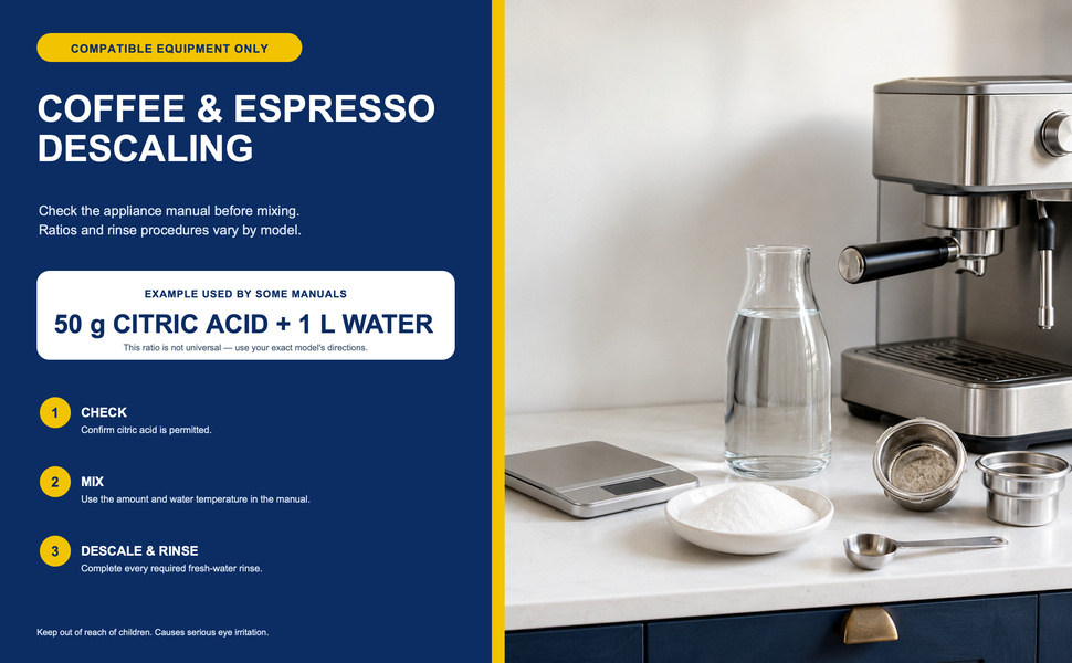 Citric acid descaling steps for compatible coffee and espresso machines with a 50 g per 1 L example.