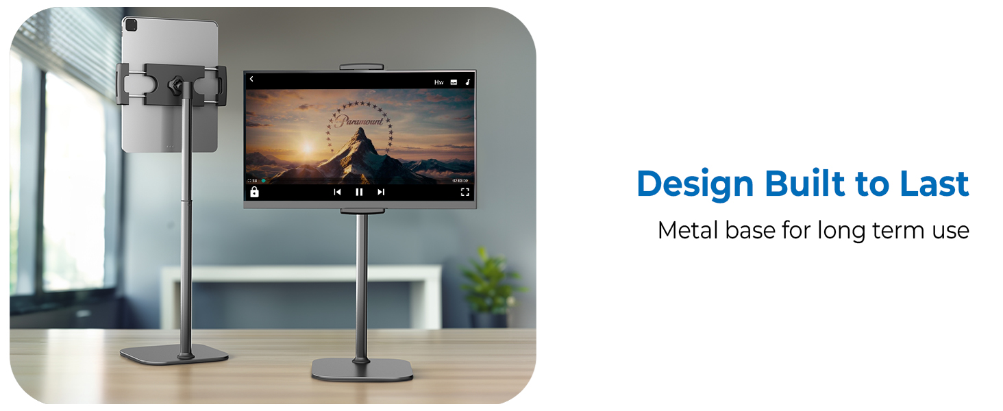 Durable metal base iPad holder stand, versatile iPad stand for bed and secure iPad mount use