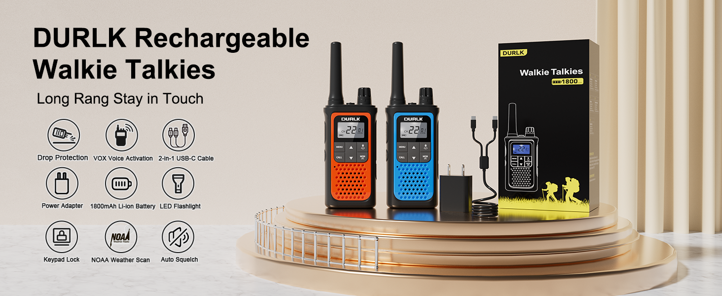 DURLK 2 pack walkie talkies long range in blue orange with adapter cables and box
