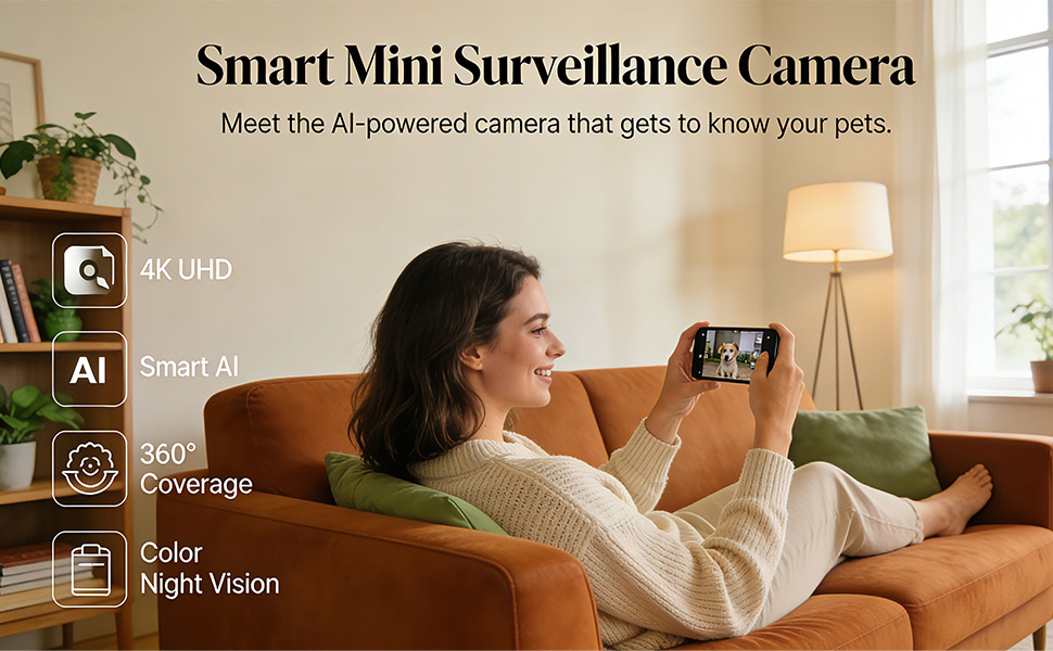 Hidden Camera,4K Mini Camera with AI Motion Detection, No Glow Auto Night Vision