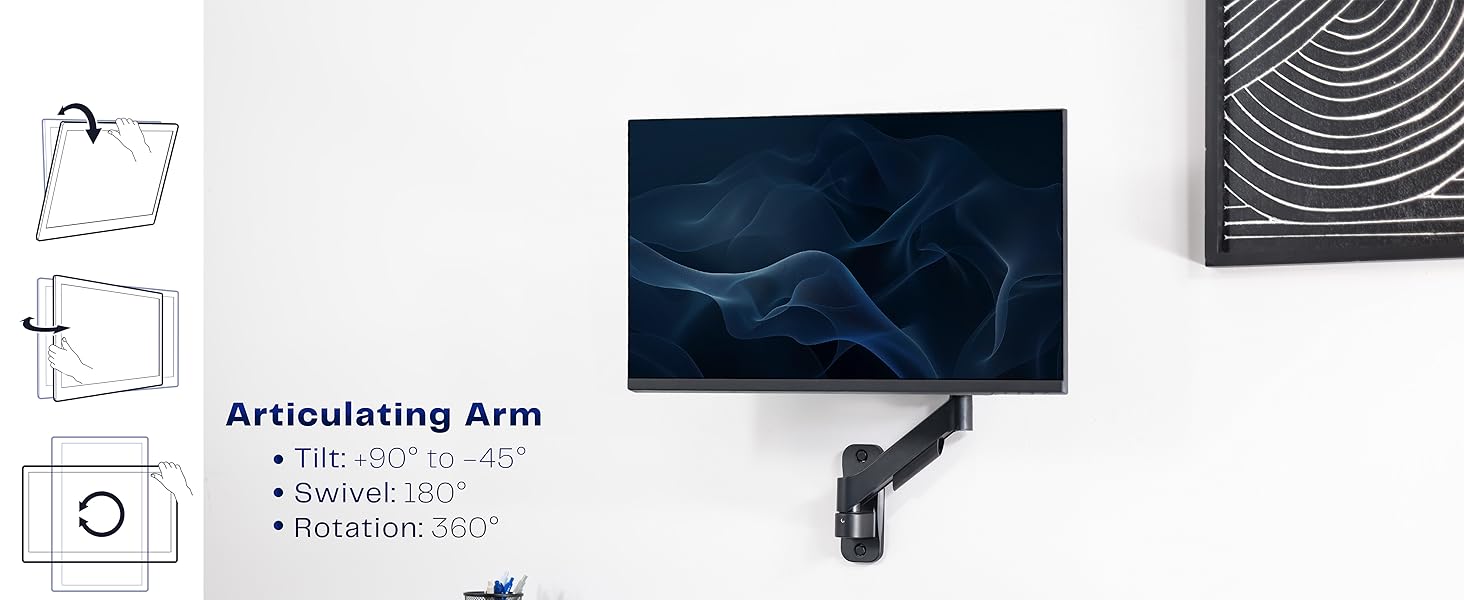 Monitor floating on wall above desk setup