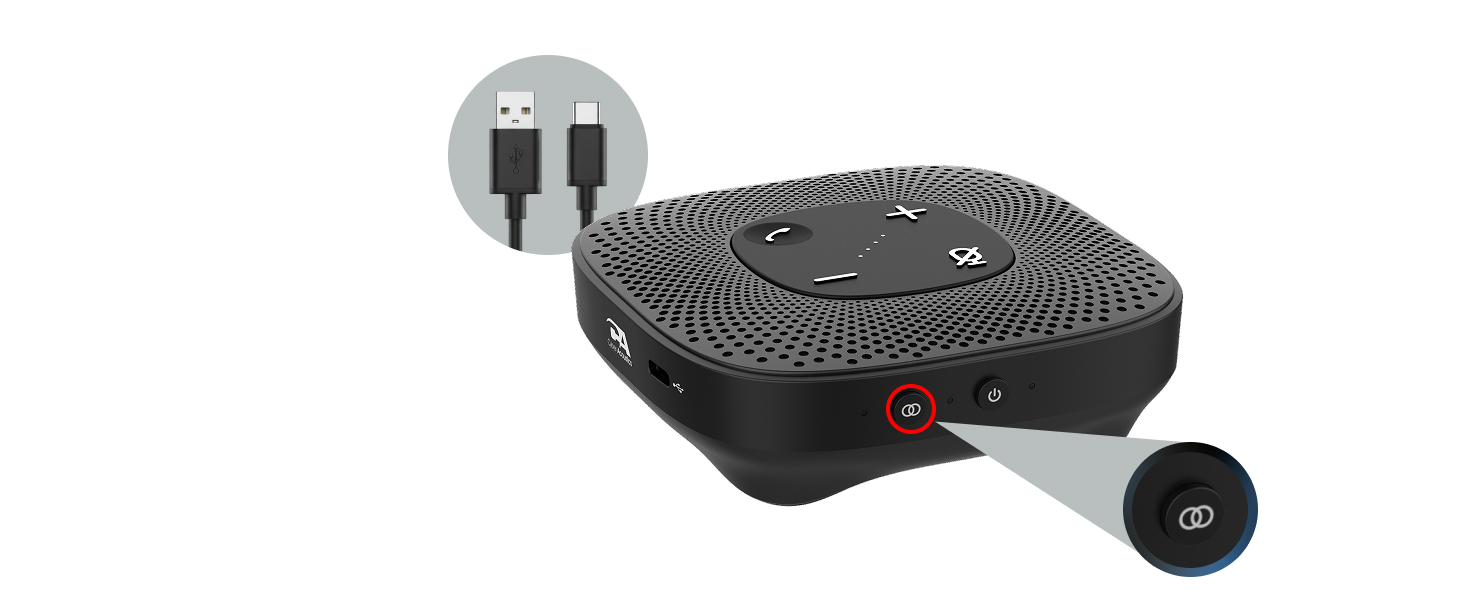 SP2000 speakerphone, source button, USB-C port
