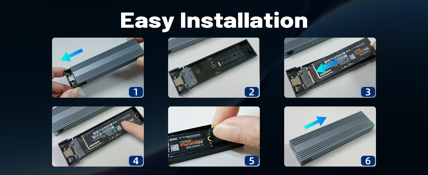Step-by-step installation guide for an M.2 SSD. Six panels show the process of inserting and securing the drive into a compatible slot on a computer motherboard.