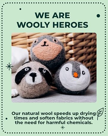 Natural wool dryer balls displayed in front of a woven laundry basket