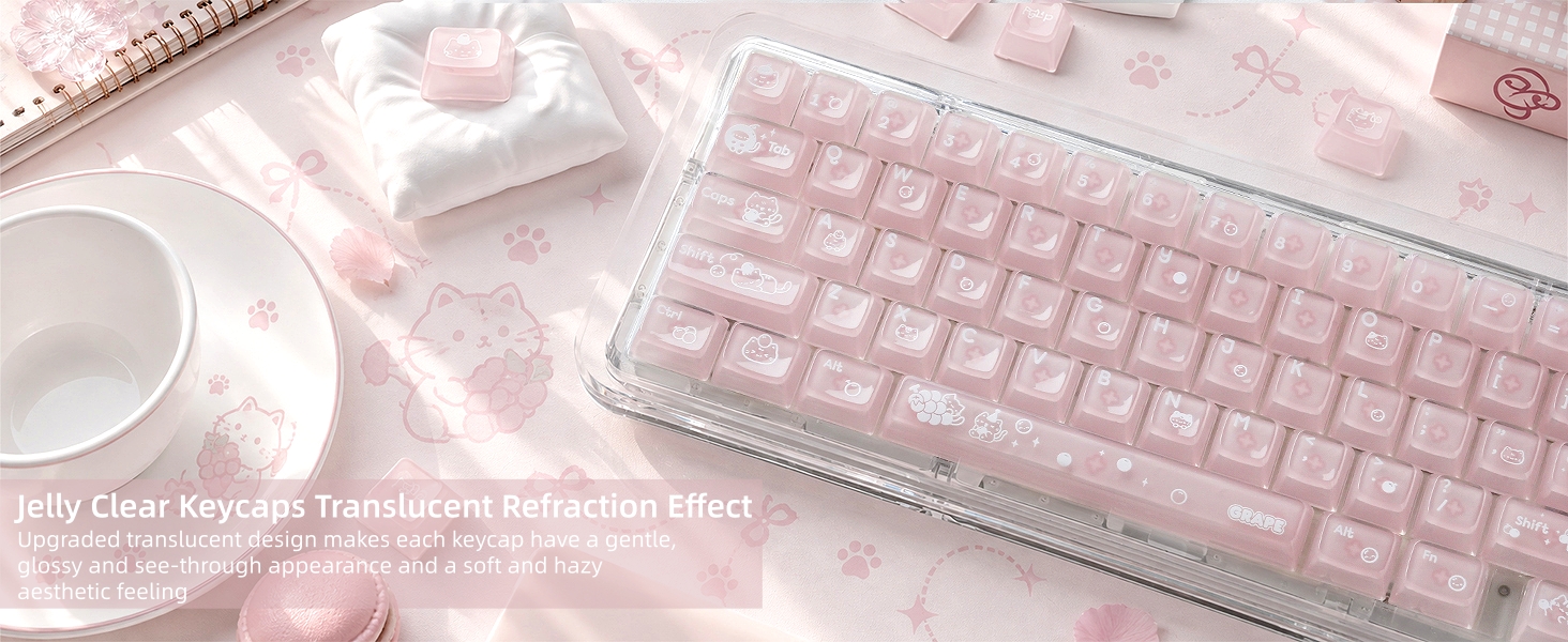 Clear Jelly Keycaps, Pink Cat Shine Through Keycaps Thick PC+ABS Crystal Translucent Keycaps