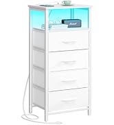 Yoobure Night Stand - LED White Nightstand with Charging Station, Bedside Table with 4 Storage Dr...
