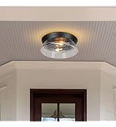 Rosient Motion Sensor Outdoor Ceiling Light, Black Modern Flush Mount Light Fixture with Clear Gl...