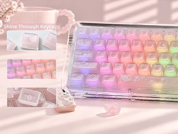 Clear Jelly Keycaps, Pink Cat Shine Through Keycaps Thick PC+ABS Crystal Translucent Keycaps