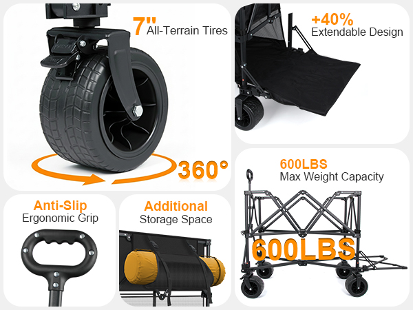 Double decker wagon features all-terrain tires, 600lb capacity, extendable deck &amp;amp; ergonomic grip