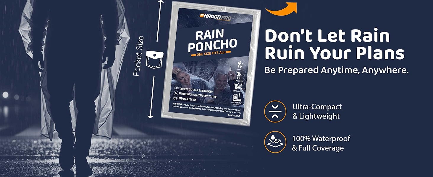 rain poncho packaging shown highlights of waterproof, lightweight, and full coverage features