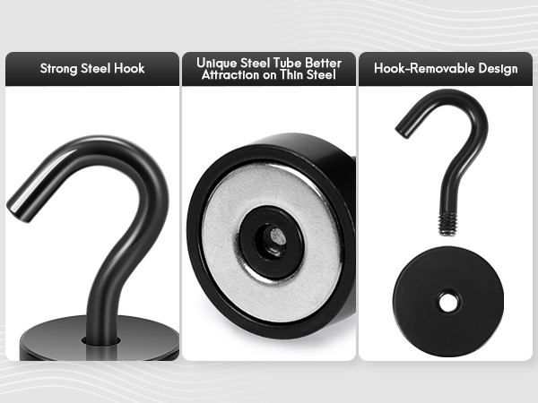 Close look at Neosmuk black magnetic hook with steel base