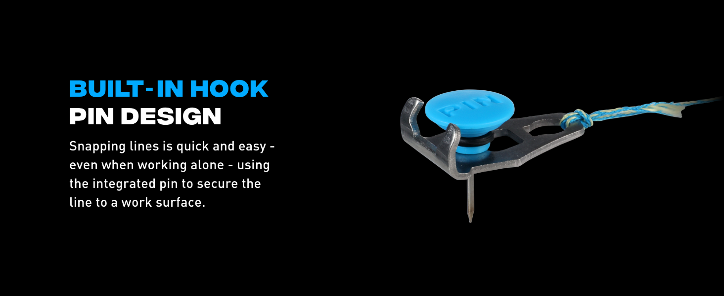 Integrated pin and hook design to secure the line for quick snapping, even when working alone.