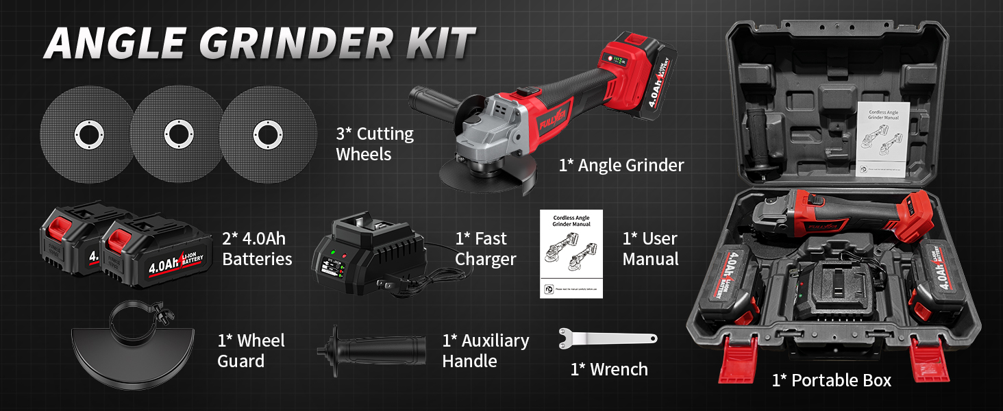 FULLYEA Cordless Angle Grinder 4-1/2 inch Brushless Metal Grinder 10000RPM Powerful