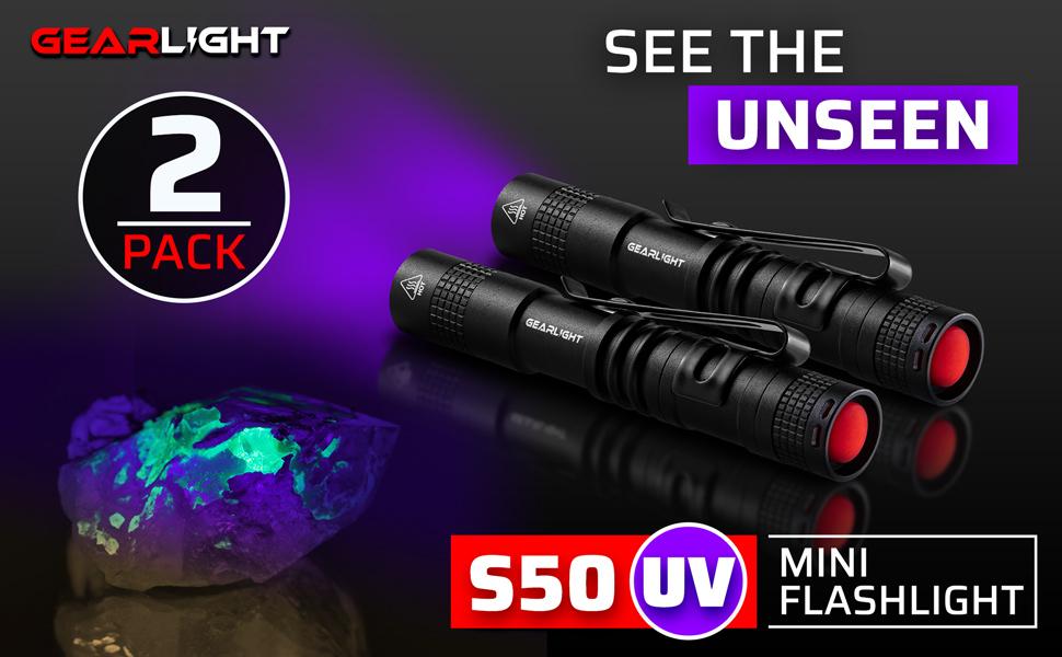 S50 UV mini flashlights 2 pack value black light see the unseen id check document authentication