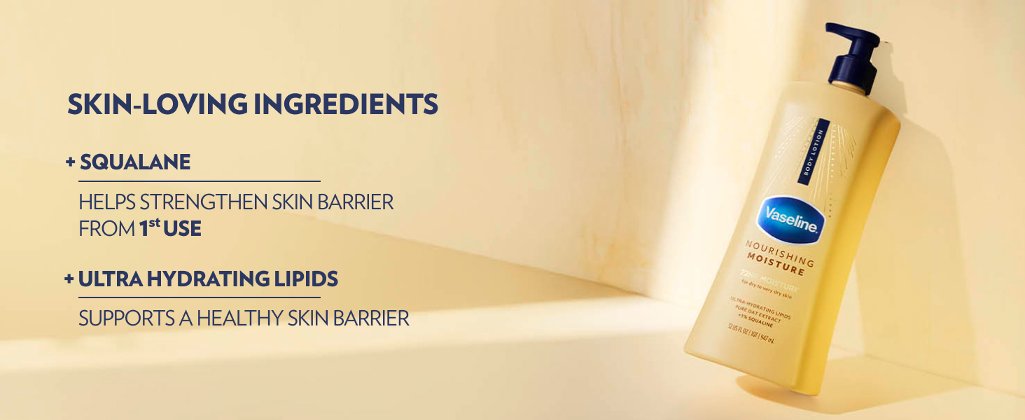 Pump lotion bottle next to list of benefits of Squalane and Ultra Hydrating Lipids.