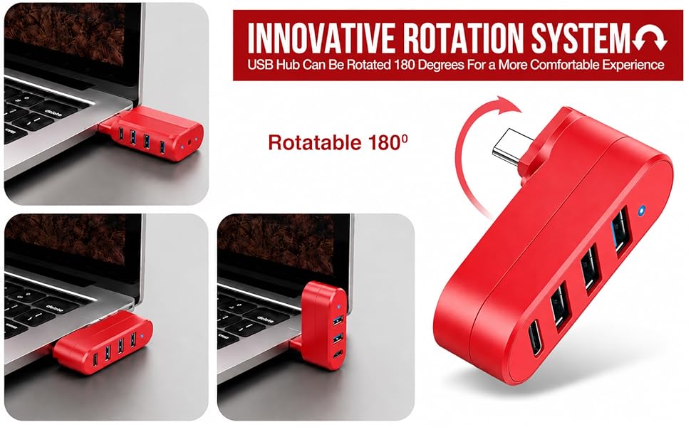 4-Port USB C Hub [90°/180° Degree Rotatable], USB C Adapter Splitter-Red