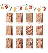 HATORI Christmas Gift Bags, 24 PCS Assorted Christmas Prints Kraft Gift Bags Bulk for Xmas Party ...