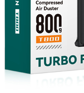 Compressed air duster product box. Green packaging with white text. Clearly visible: "800" and "1800" numbers, and "TURBO" prominently displayed.