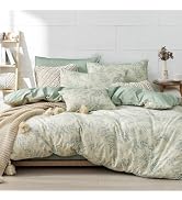 LEMIROE 100% Natural Botanical Cotton Duvet Cover Queen Size 3pcs,Printed with Luxurious Bluish-G...