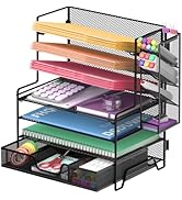 ReePlan 4 Tier Desk Organizer + 3 Tier File Holder + 4 Pen Holders + Drawer, 7 Tier Desk File Org...