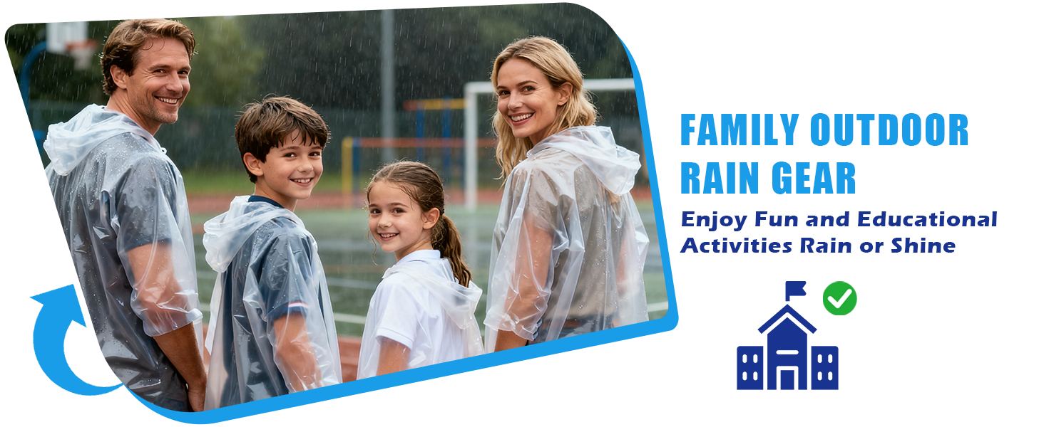 Text reads 'FAMILY OUTDOOR RAIN GEAR' and 'Enjoy Fun and Educational Activities Rain or Shine'. Promotional banner showing outdoor activities and educational icons.