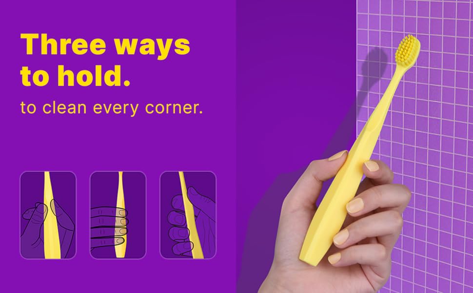 Tonochi ergonomic toothbrush handle with three grip positions for comfortable brushing control.