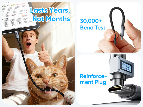 Durable USB-C Cable, 30000+ Bend Test, Reinforced Plug for Long Life