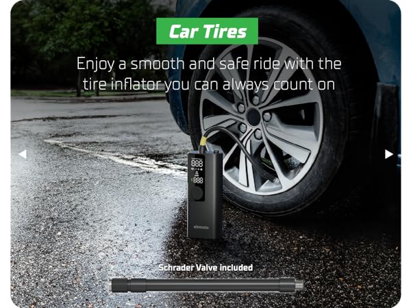 Close-up of built-in tire pressure gauge displaying PSI while inflating a vehicle tire