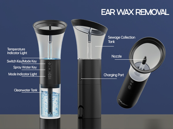 Ear wax removal device with transparent collection tank, temperature indicator light, spray nozzle, and charging port. Features labeled parts and multiple views of the device.
