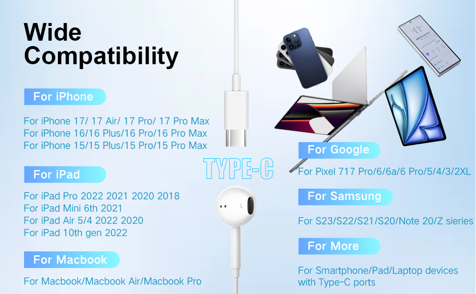 Text reads: 'Wide Compatibility' followed by multiple device compatibility listings for various Apple products. Mobile accessory compatibility chart with product icons.