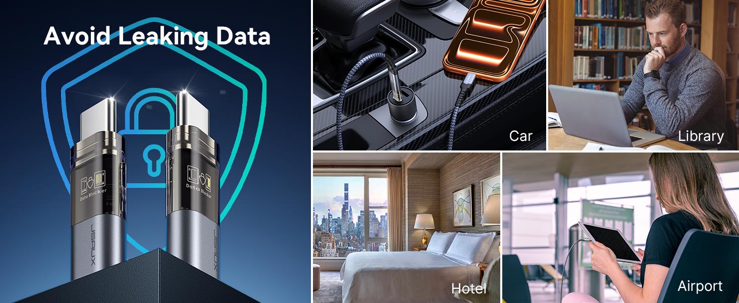 USB C data blocker blocks data transfer for safer charging in public places.
