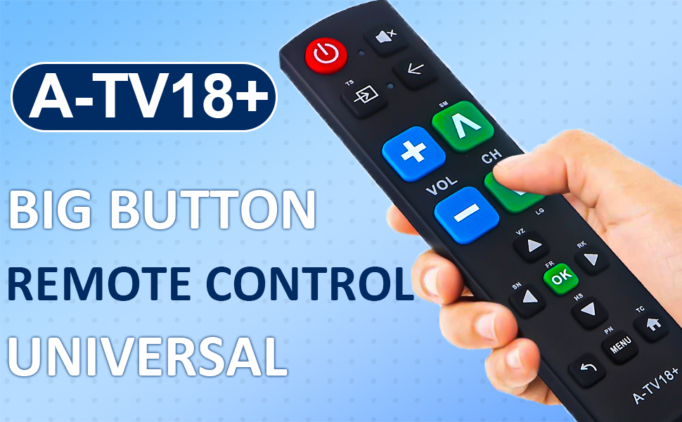 Text reads 'A-TV18+ BIG BUTTON UNIVERSAL REMOTE CONTROL'. Black remote control with large buttons shown from multiple angles on blue background.