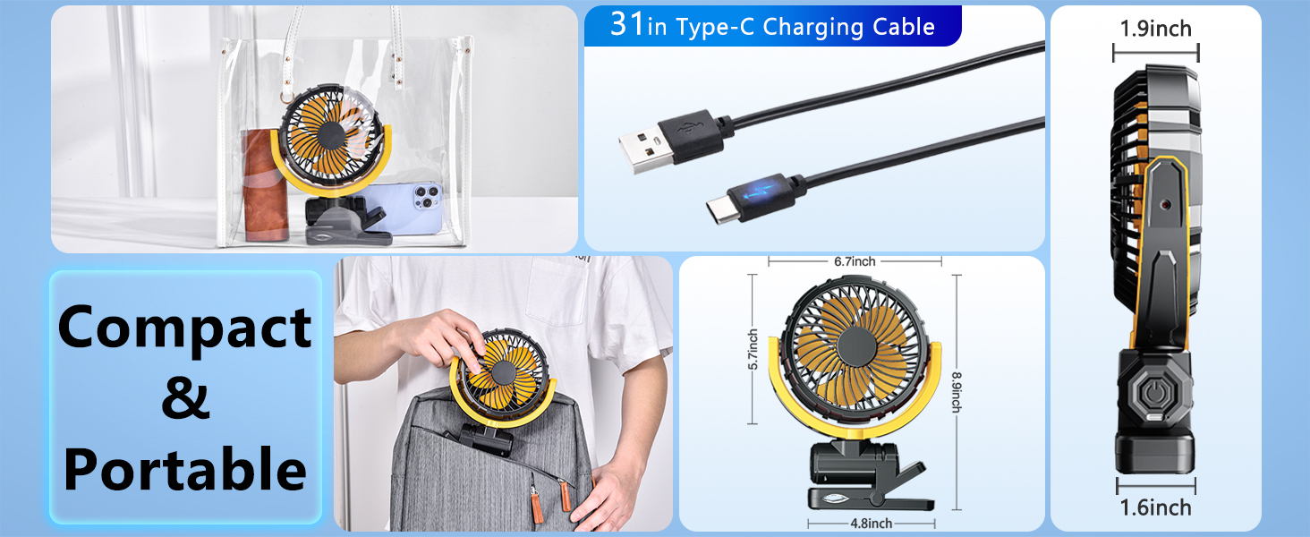 Portable Car Fan Rechargeable for SUV Van RV Pickup Truck Camping Desk Bed Stroller Baby Crib