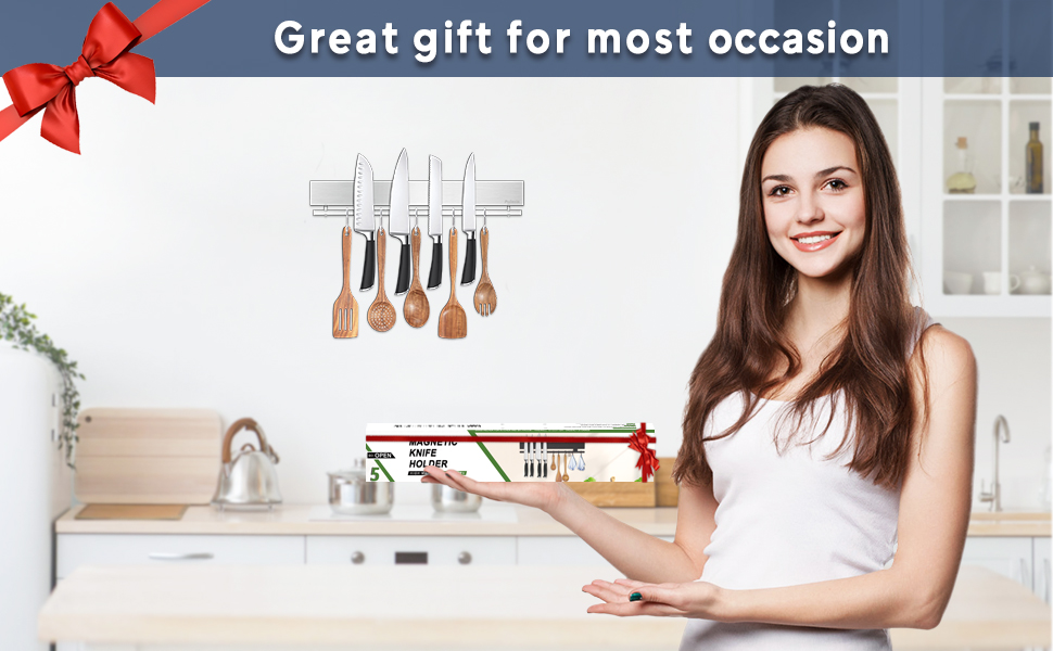 Silver 12 inch magnetic knife holder with 10 hooks