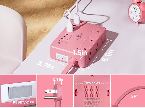 The size of this product is 5.1x3.7x1.5in, featuring a flat 45-degree plug with 5ft wire.