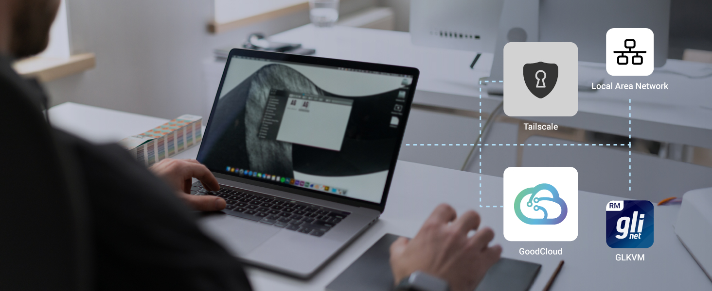 Desktop workspace scene showing hands typing on a laptop keyboard with various app icons visible on the screen.