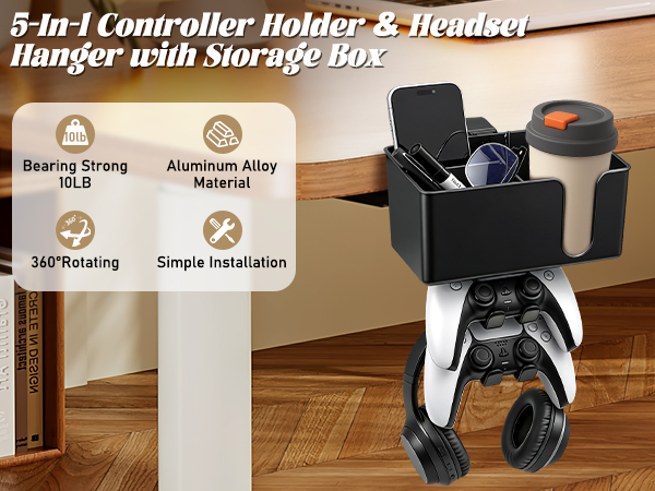 5-In-1 Controller Holder &amp; Headset Hanger with Storage Box