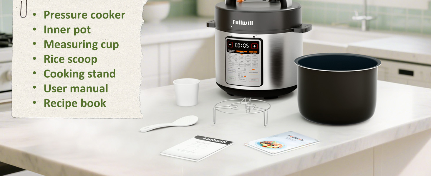 Complete set: Pressure cooker, inner pot, cooking tools &amp; recipe book. Cook like a pro instantly.