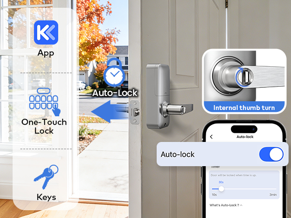 Multiple lock methods: APP, auto-lock (10–180s), one-touch, and key