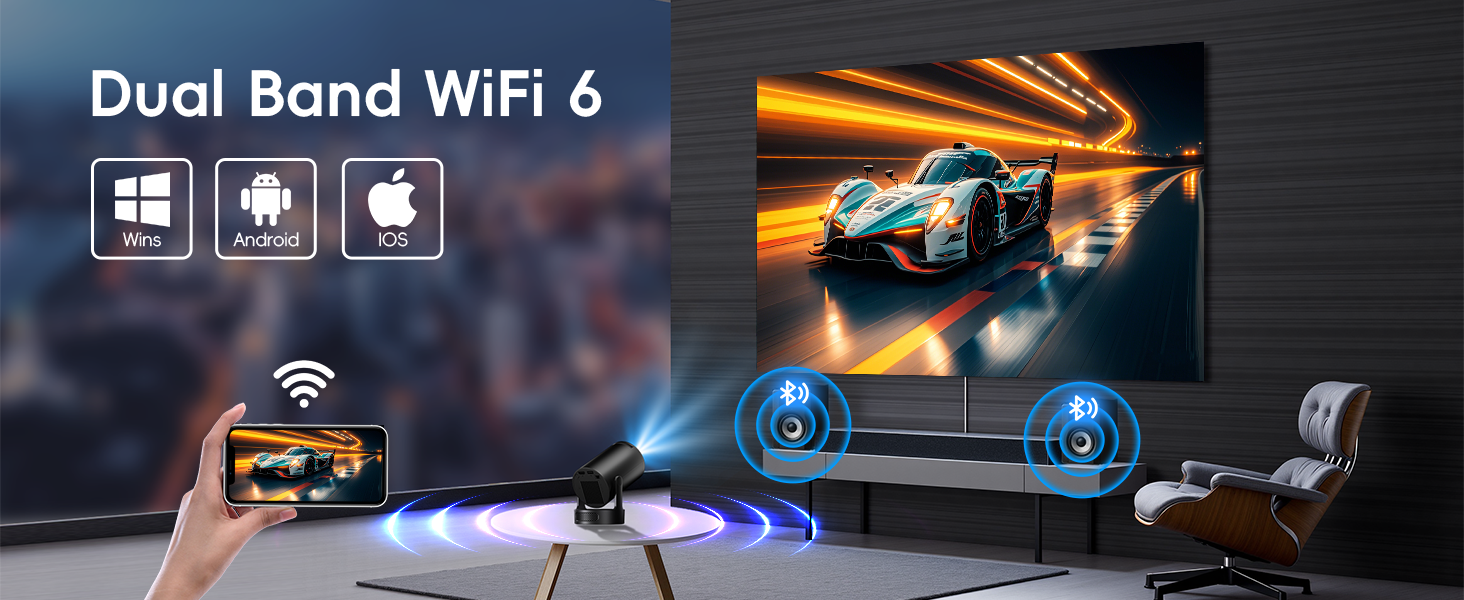 Dual Band WiFi 6 smart TV setup with smartphone mirroring. Shows racing car on TV screen, with speaker icons. Compatible with Windows, Android, and iOS devices.