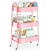 3 Tier Utility Rolling Cart, EAGMAK Metal Storage Cart with Handle and Lockable Wheels, Multifunc...