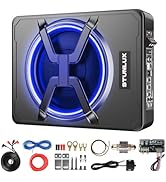 800W Slim Under Seat Powered Car Subwoofer Kit with Colorful LED Light,High/Low Level Input, Buil...