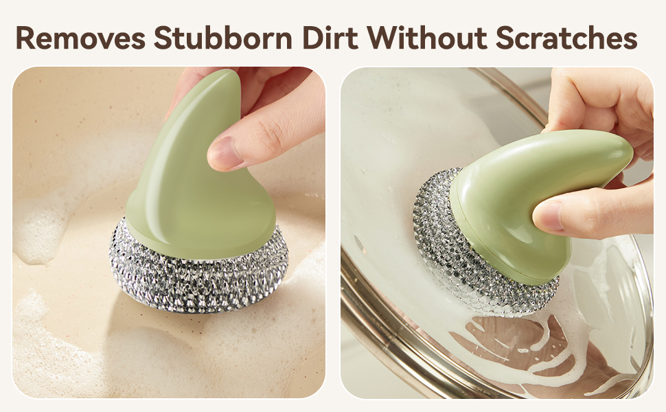 Handheld scrubber removing stubborn stains from sink and cookware surfaces without scratching.