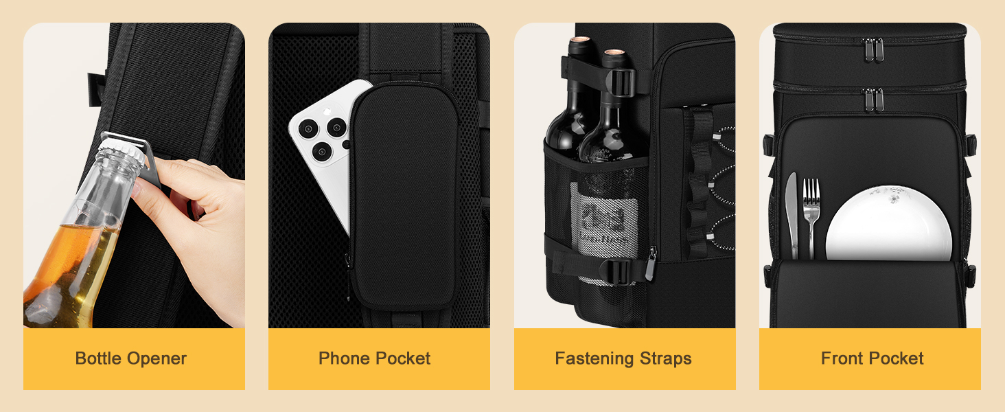 MIYCOO cooler backpack includes bottle opener, phone pocket, and fastening straps for convenience.