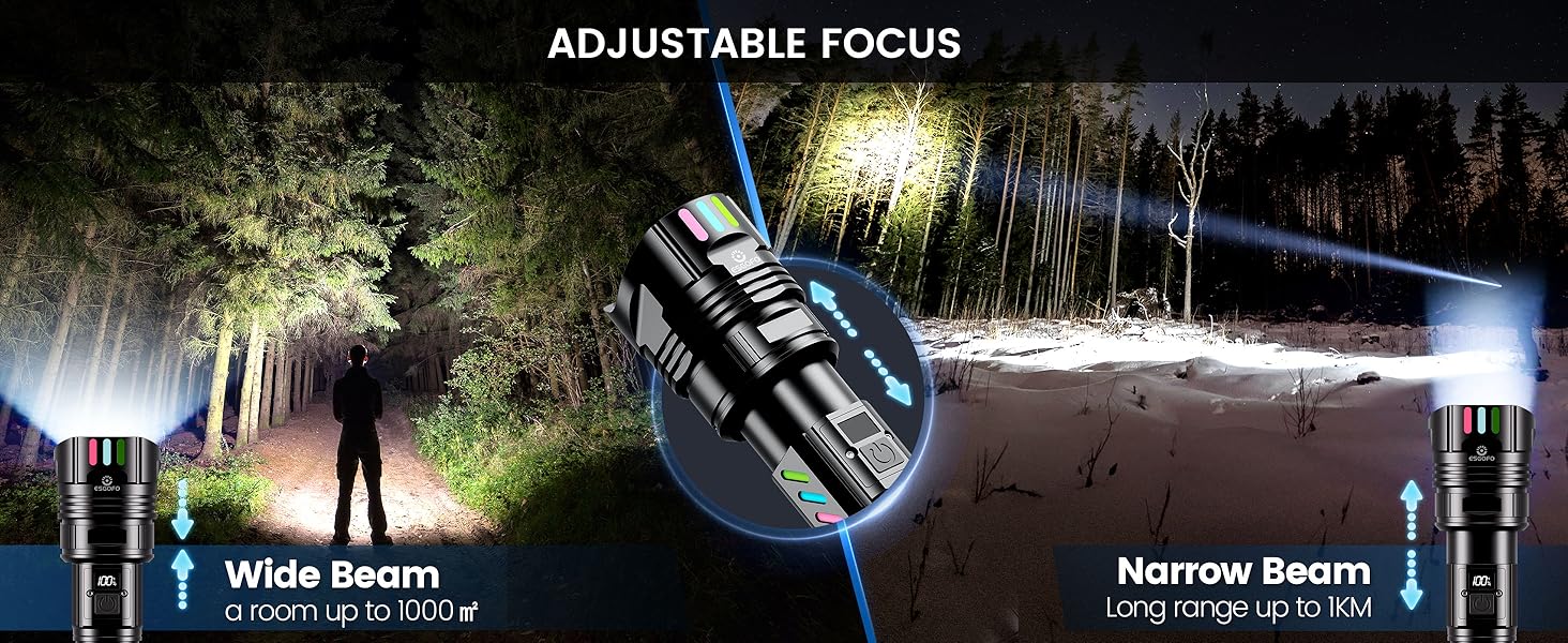 Tactical flashlight demonstration showing adjustable focus feature with wide and narrow beam settings illuminating outdoor nighttime scenes.