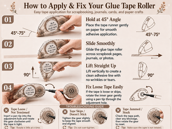 Glue tape runner, how to use, scrapbook pages, journals, photos, cards