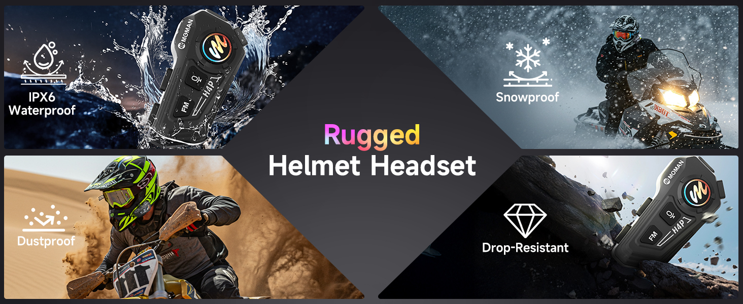 Text reads 'Rugged Helmet Headset'. Marketing banner showing action sports scenes with water splashes and snow, featuring 'Drop-Resistant' icon.