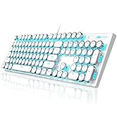 Typewriter Style Mechanical Gaming Keyboard, White Retro Punk Gaming Keyboard with Blue Backlit, ...